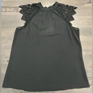 EXPRESS Black Crochet Lace Cap Sleeve Blouse Open Keyhole Back size S